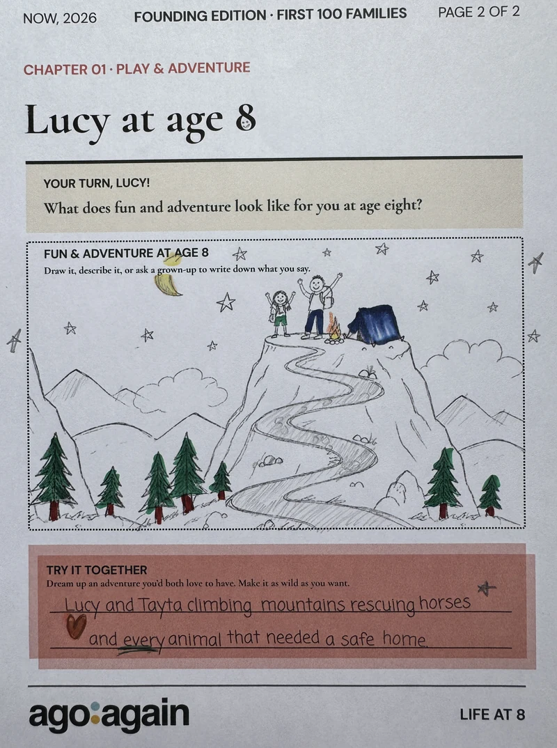 Photograph of a printed ago:again Page 2 completed by hand with a colored mountain drawing and handwritten shared adventure; an illustrative example, not a customer submission.