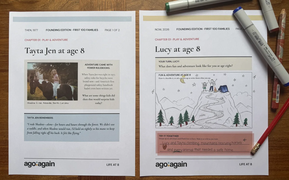 Two printed ago:again chapter pages comparing Tayta Jen and Lucy at age eight, with a completed mountain drawing, handwritten shared activity and an original childhood photograph.