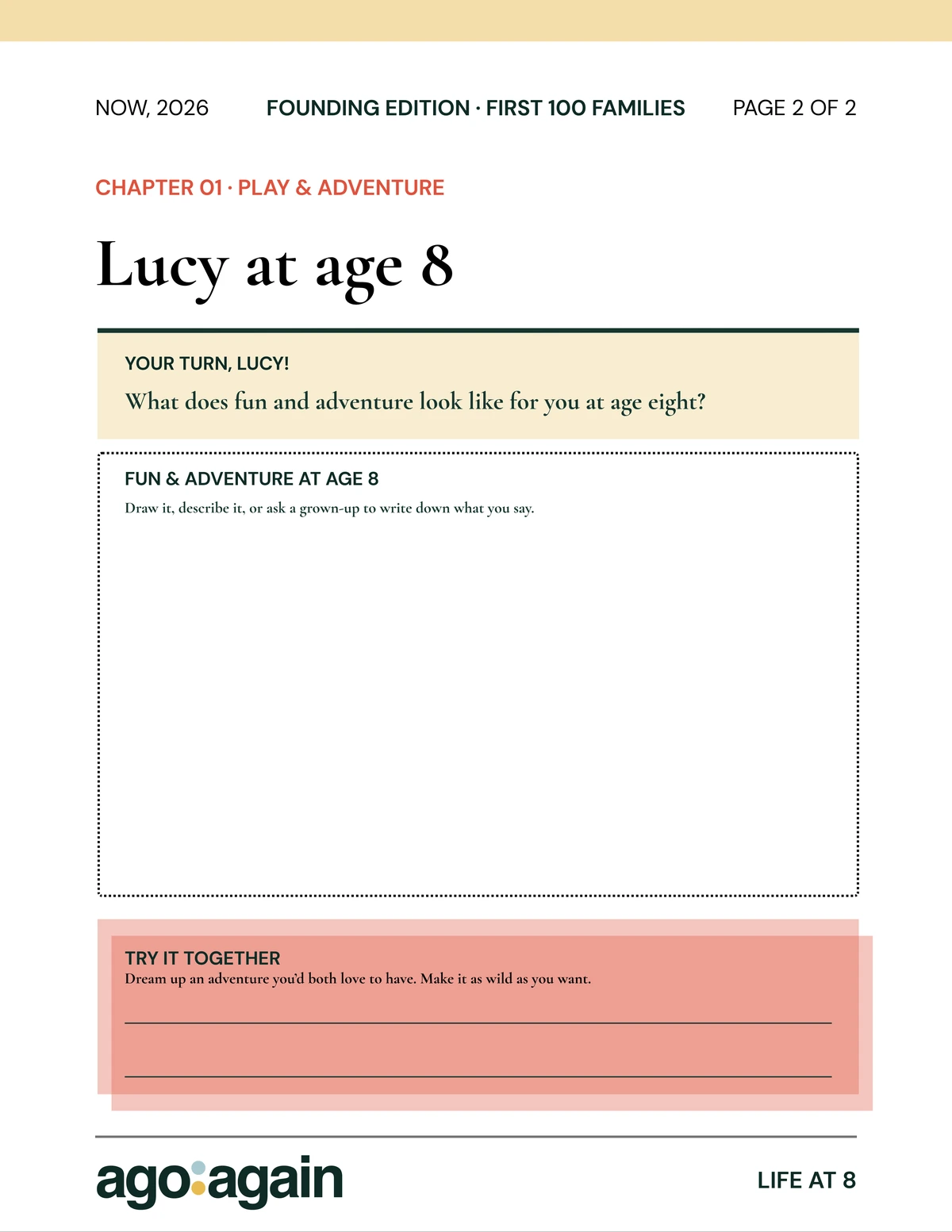 Illustrative sample Page 2 of ago:again, personalized for a child example named Lucy at age eight with a prompt, empty drawing and writing area, shared activity, and Founding Edition header.