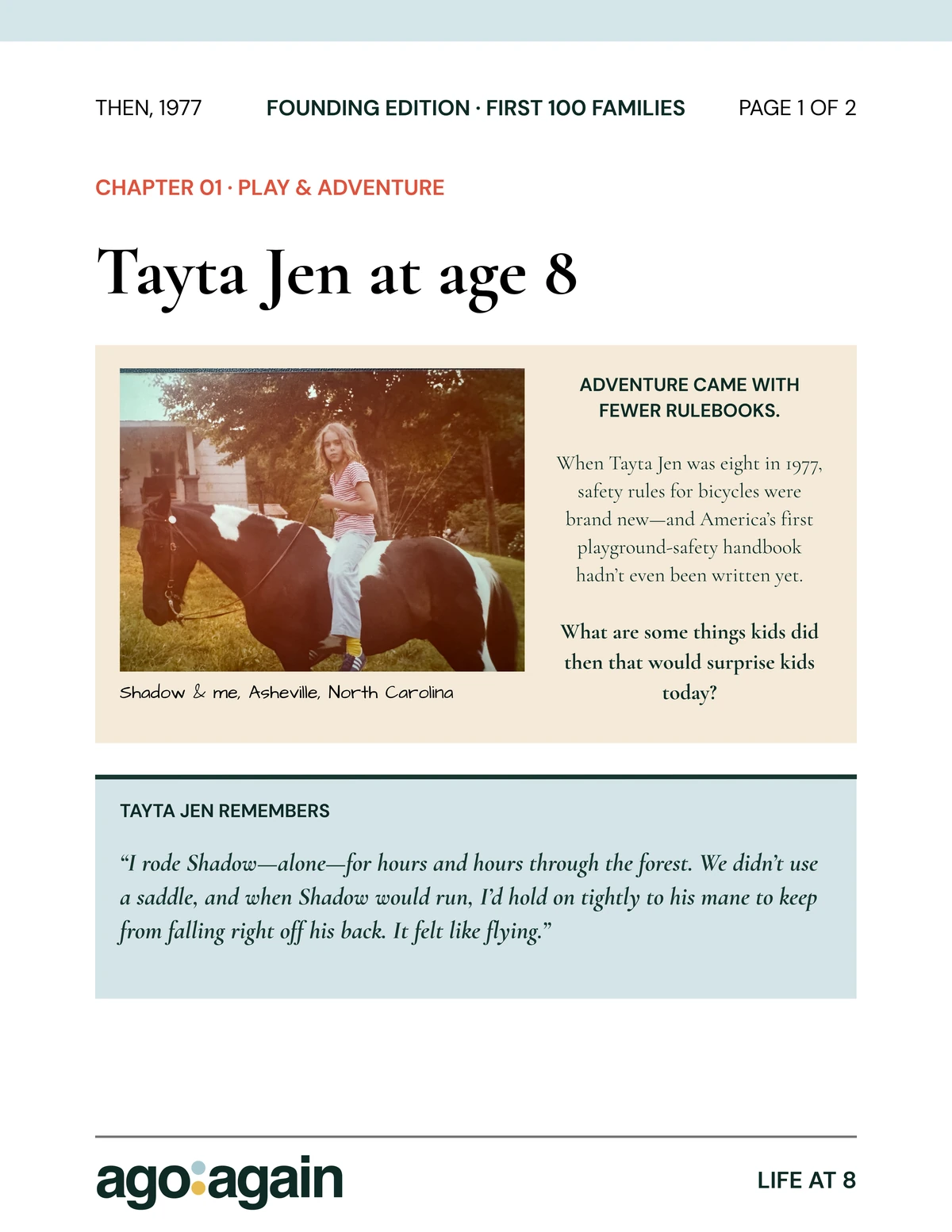 Sample Page 1 of ago:again, personalized for Tayta Jen at age eight with her childhood photograph, true memory, sourced historical context, and Founding Edition header.